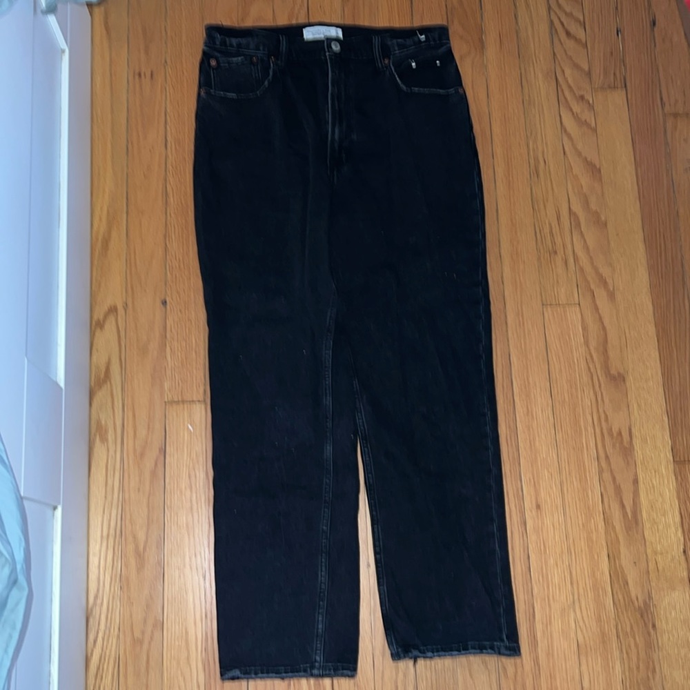 Distressed black straight leg jeans